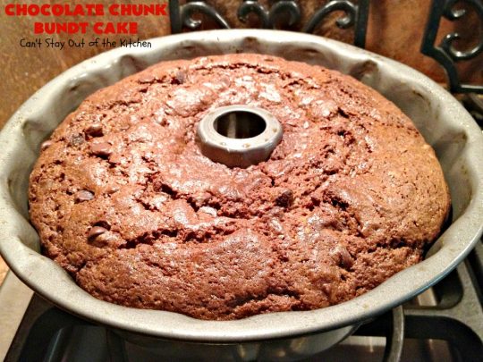Chocolate Chunk Bundt Cake | Can't Stay Out of the Kitchen | this spectacular #BundtCake starts with a #cakemix & #chocolate #pudding mix. It uses only 7 ingredients so it's incredibly quick & easy. Perfect for #holidays like #Easter or #MothersDay. It's even great for #breakfast, especially if you like #chocolate! #ChocolateChips #cake #ChocolateCake #Holiday #HolidayDessert #Brunch #HolidayBreakfast #EasterBreakfast