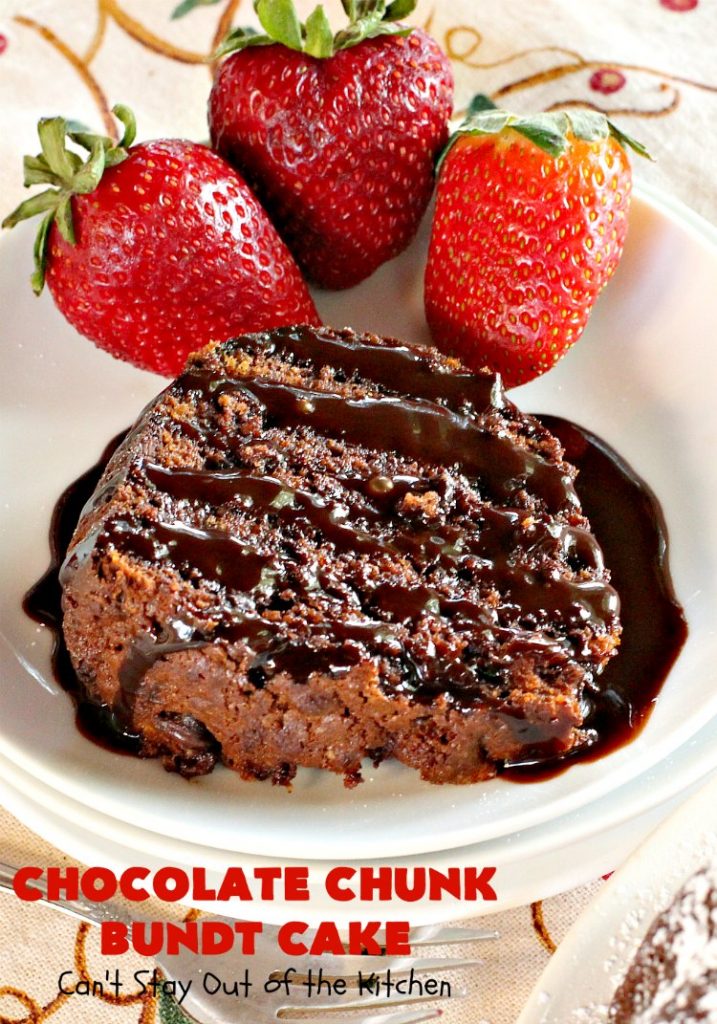 Chocolate Chunk Bundt Cake | Can't Stay Out of the Kitchen | this spectacular #BundtCake starts with a #cakemix & #chocolate #pudding mix. It uses only 7 ingredients so it's incredibly quick & easy. Perfect for #holidays like #Easter or #MothersDay. It's even great for #breakfast, especially if you like #chocolate! #ChocolateChips #cake #ChocolateCake #Holiday #HolidayDessert #Brunch #HolidayBreakfast #EasterBreakfast