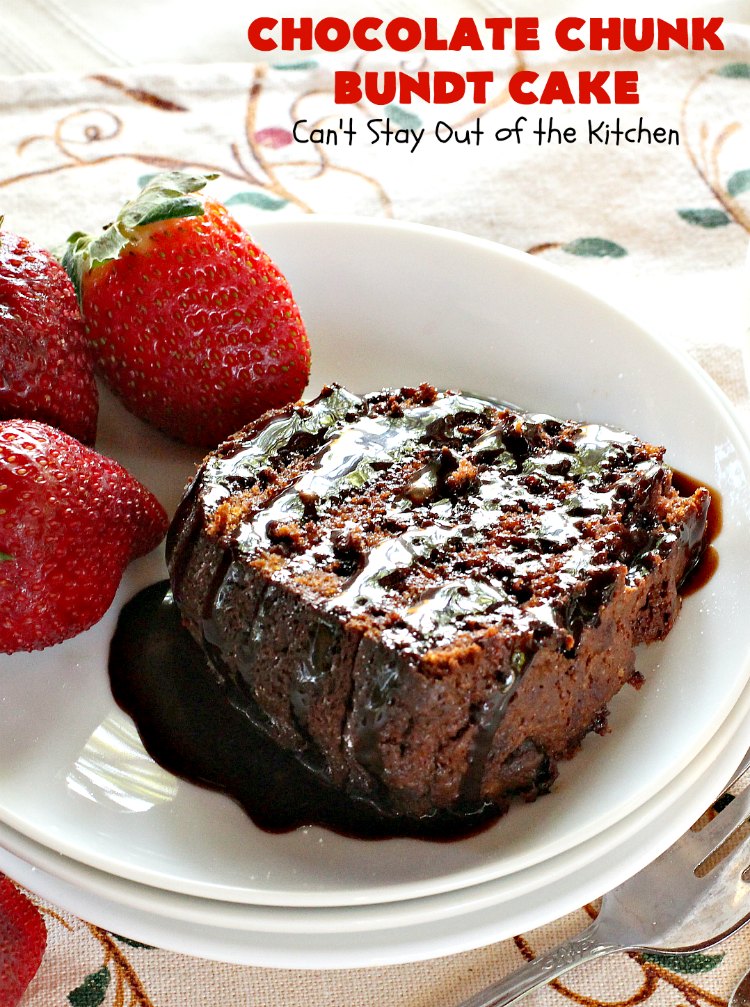 Chocolate Chunk Bundt Cake | Can't Stay Out of the Kitchen | this spectacular #BundtCake starts with a #cakemix & #chocolate #pudding mix. It uses only 7 ingredients so it's incredibly quick & easy. Perfect for #holidays like #Easter or #MothersDay. It's even great for #breakfast, especially if you like #chocolate! #ChocolateChips #cake #ChocolateCake #Holiday #HolidayDessert #Brunch #HolidayBreakfast #EasterBreakfast