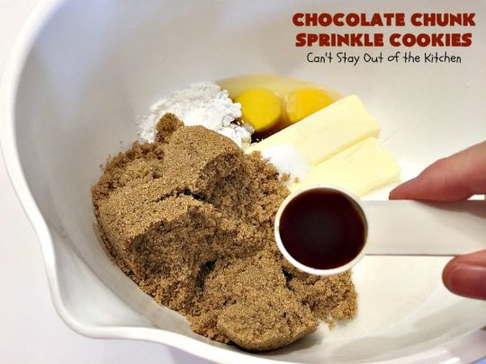 Chocolate Chunk Sprinkle Cookies | Can't Stay Out of the Kitchen | these outrageous #cookies are loaded with #chocolate chunks & chocolate #sprinkles. They use a #MrsFields #copycat cookie dough recipe so they're absolutely amazing. #dessert #tailgating