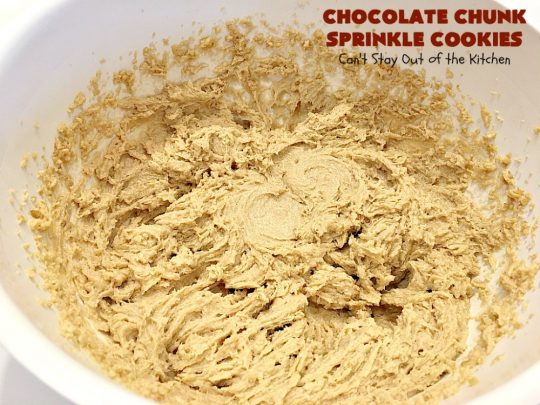 Chocolate Chunk Sprinkle Cookies | Can't Stay Out of the Kitchen | these outrageous #cookies are loaded with #chocolate chunks & chocolate #sprinkles. They use a #MrsFields #copycat cookie dough recipe so they're absolutely amazing. #dessert #tailgating