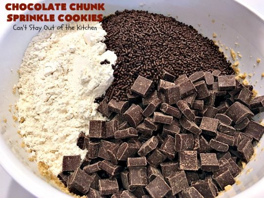 Chocolate Chunk Sprinkle Cookies | Can't Stay Out of the Kitchen | these outrageous #cookies are loaded with #chocolate chunks & chocolate #sprinkles. They use a #MrsFields #copycat cookie dough recipe so they're absolutely amazing. #dessert #tailgating