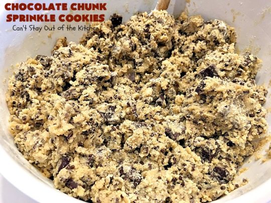 Chocolate Chunk Sprinkle Cookies | Can't Stay Out of the Kitchen | these outrageous #cookies are loaded with #chocolate chunks & chocolate #sprinkles. They use a #MrsFields #copycat cookie dough recipe so they're absolutely amazing. #dessert #tailgating