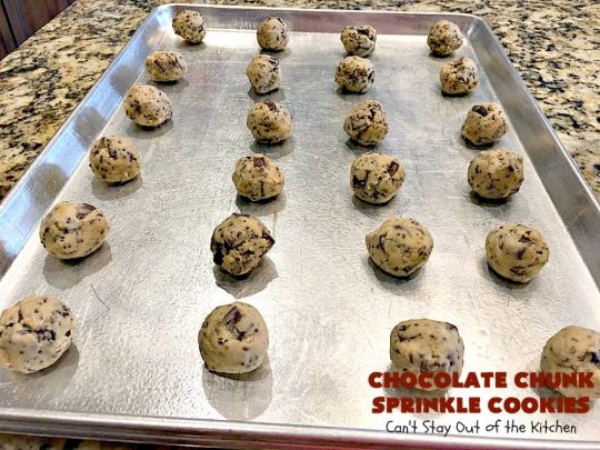 Chocolate Chunk Sprinkle Cookies | Can't Stay Out of the Kitchen | these outrageous #cookies are loaded with #chocolate chunks & chocolate #sprinkles. They use a #MrsFields #copycat cookie dough recipe so they're absolutely amazing. #dessert #tailgating