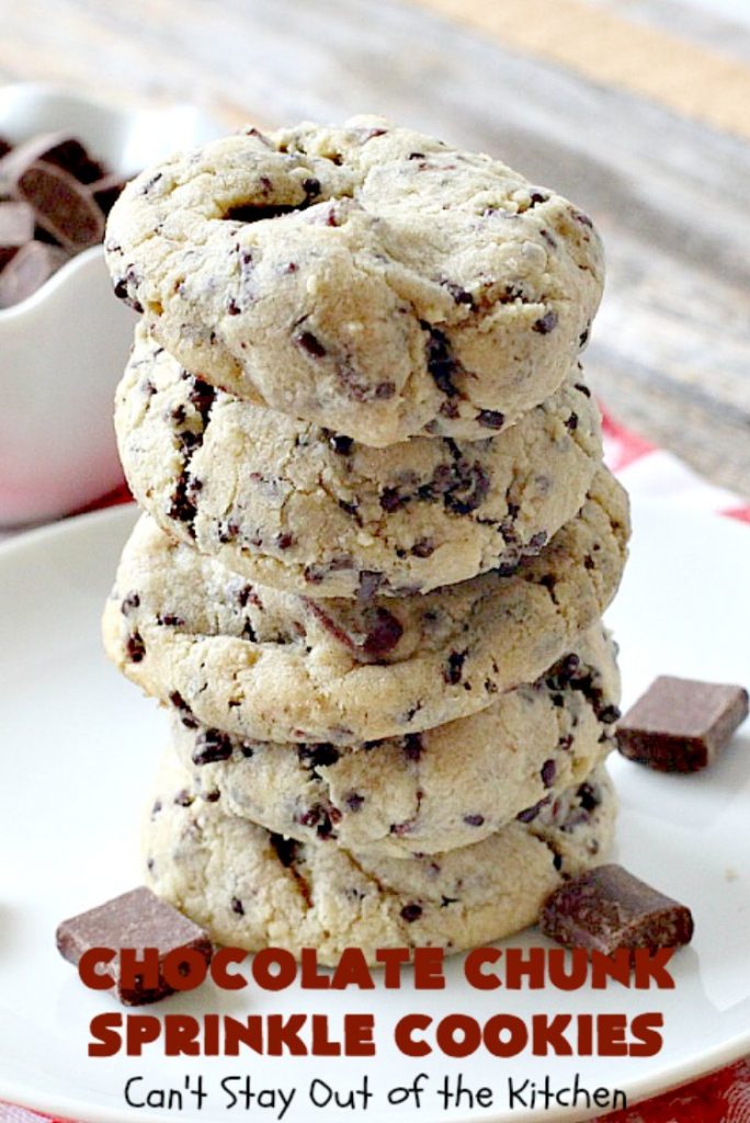 Chocolate Chunk Sprinkle Cookies | Can't Stay Out of the Kitchen | these outrageous #cookies are loaded with #chocolate chunks & chocolate #sprinkles. They use a #MrsFields #copycat cookie dough recipe so they're absolutely amazing. #dessert #tailgating