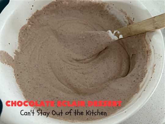 Chocolate Éclair Dessert | Can't Stay Out of the Kitchen | this easy #dessert uses only 5 ingredients & takes less than 10 minutes to whip up! It tastes heavenly--just like eating #chocolate #éclairs! It's perfect for company, family or #holiday dinners. You'll find yourself drooling over every bite. Everyone will want seconds with this luscious #ChocolateDessert! #ChocolatePudding #5IngredientRecipe #ChocolateÉclairs #ChocolateÉclairDessert