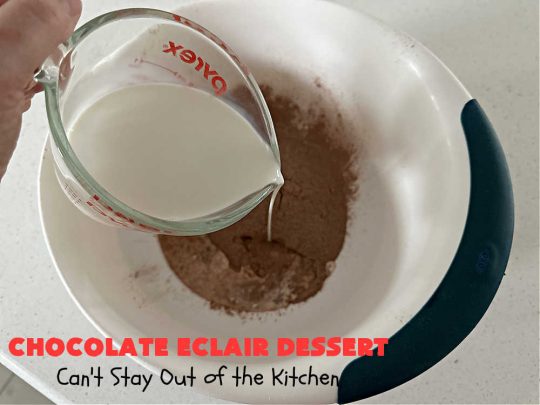 Chocolate Éclair Dessert | Can't Stay Out of the Kitchen | this easy #dessert uses only 5 ingredients & takes less than 10 minutes to whip up! It tastes heavenly--just like eating #chocolate #éclairs! It's perfect for company, family or #holiday dinners. You'll find yourself drooling over every bite. Everyone will want seconds with this luscious #ChocolateDessert! #ChocolatePudding #5IngredientRecipe #ChocolateÉclairs #ChocolateÉclairDessert