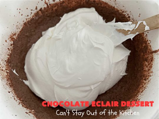 Chocolate Éclair Dessert | Can't Stay Out of the Kitchen | this easy #dessert uses only 5 ingredients & takes less than 10 minutes to whip up! It tastes heavenly--just like eating #chocolate #éclairs! It's perfect for company, family or #holiday dinners. You'll find yourself drooling over every bite. Everyone will want seconds with this luscious #ChocolateDessert! #ChocolatePudding #5IngredientRecipe #ChocolateÉclairs #ChocolateÉclairDessert