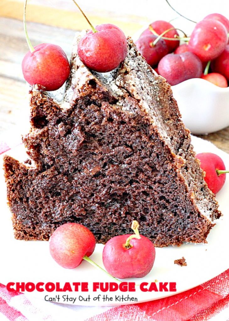 Chocolate Fudge Cake | Can't Stay Out of the Kitchen | This fabulous #chocolate #cake is incredibly fudgy since it includes a box of chocolate pudding and chocolate chips in the batter. Perfect for potlucks, backyard barbecues & #holiday parties. Quick & easy #dessert.