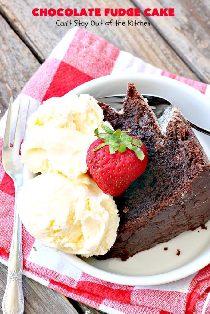 Chocolate Fudge Cake | Can't Stay Out of the Kitchen | This fabulous #chocolate #cake is incredibly fudgy since it includes a box of chocolate pudding and chocolate chips in the batter. Perfect for potlucks, backyard barbecues & #holiday parties. Quick & easy #dessert.