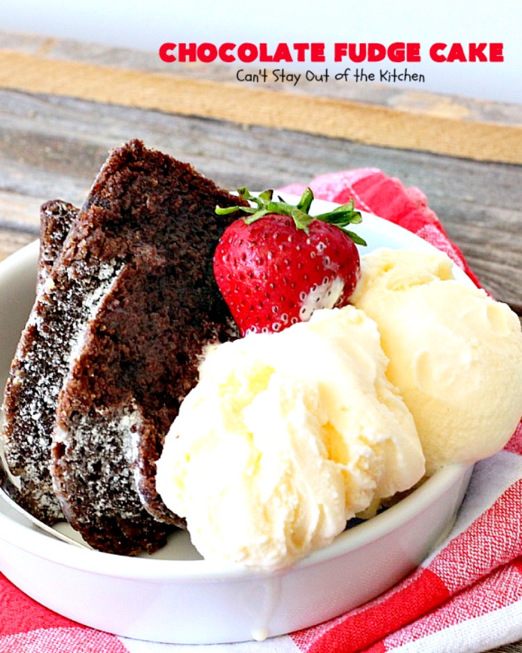 Chocolate Fudge Cake | Can't Stay Out of the Kitchen | This fabulous #chocolate #cake is incredibly fudgy since it includes a box of chocolate pudding and chocolate chips in the batter. Perfect for potlucks, backyard barbecues & #holiday parties. Quick & easy #dessert.