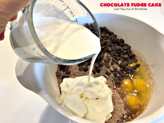 Chocolate Fudge Cake | Can't Stay Out of the Kitchen | This fabulous #chocolate #cake is incredibly fudgy since it includes a box of chocolate pudding and chocolate chips in the batter. Perfect for potlucks, backyard barbecues & #holiday parties. Quick & easy #dessert.