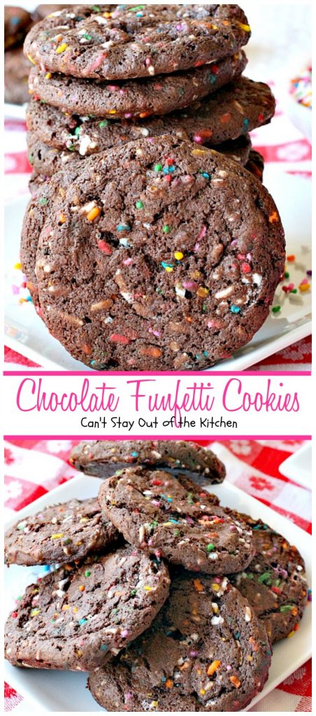 Chocolate Funfetti Cookies | Can't Stay Out of the Kitchen | spectacular #chocolate #cookies that start with a #cakemix and rainbow sprinkles. Quick, easy # delicious #dessert.