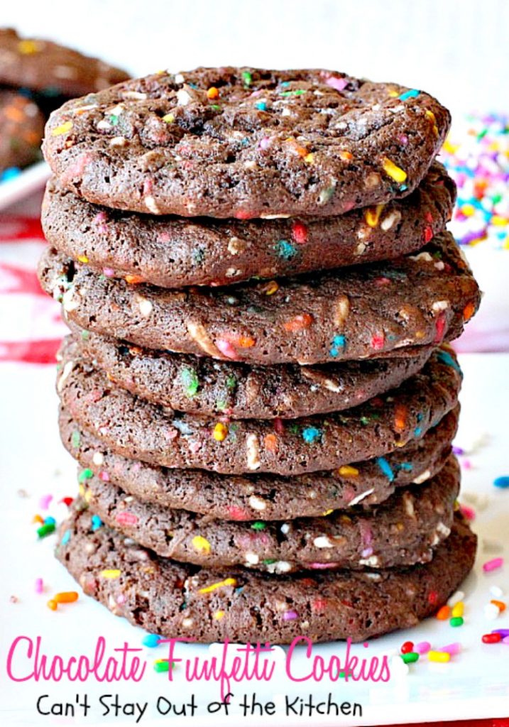 Chocolate Funfetti Cookies | Can't Stay Out of the Kitchen | spectacular #chocolate #cookies that start with a #cakemix and rainbow sprinkles. Quick, easy # delicious #dessert.