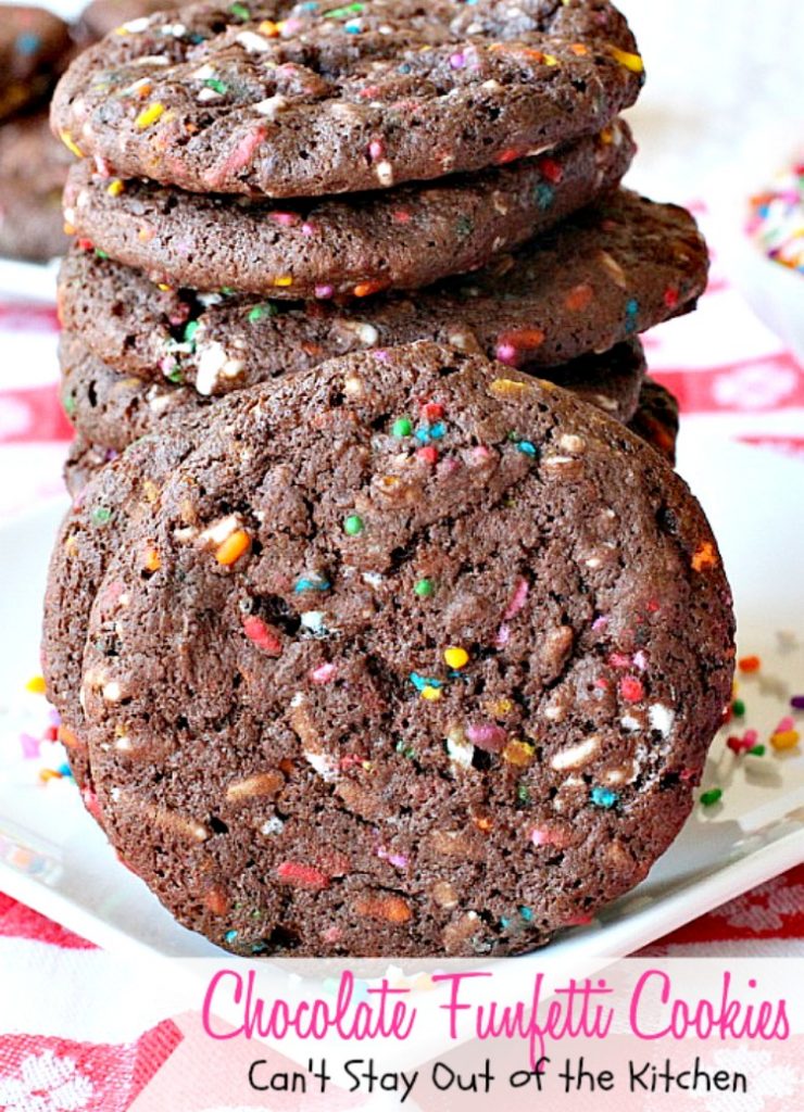 Chocolate Funfetti Cookies | Can't Stay Out of the Kitchen | spectacular #chocolate #cookies that start with a #cakemix and rainbow sprinkles. Quick, easy # delicious #dessert.