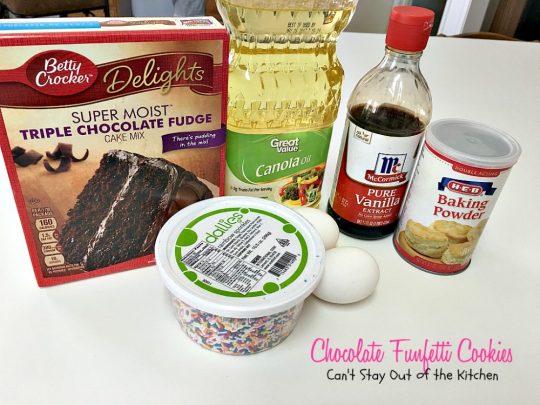 Chocolate Funfetti Cookies | Can't Stay Out of the Kitchen | spectacular #chocolate #cookies that start with a #cakemix and rainbow sprinkles. Quick, easy # delicious #dessert.