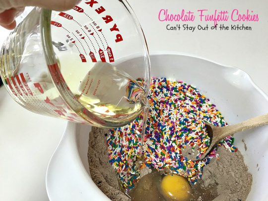 Chocolate Funfetti Cookies | Can't Stay Out of the Kitchen | spectacular #chocolate #cookies that start with a #cakemix and rainbow sprinkles. Quick, easy # delicious #dessert.