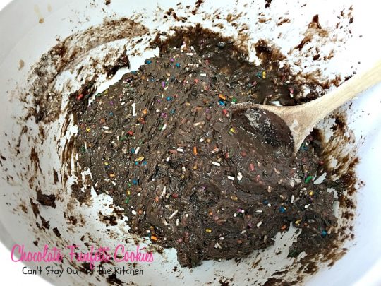 Chocolate Funfetti Cookies | Can't Stay Out of the Kitchen | spectacular #chocolate #cookies that start with a #cakemix and rainbow sprinkles. Quick, easy # delicious #dessert.
