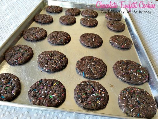 Chocolate Funfetti Cookies | Can't Stay Out of the Kitchen | spectacular #chocolate #cookies that start with a #cakemix and rainbow sprinkles. Quick, easy # delicious #dessert.