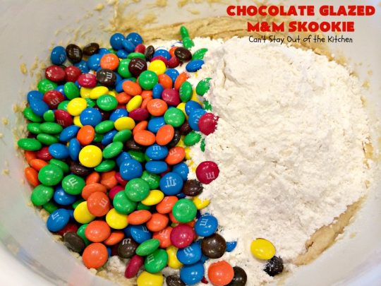Chocolate Glazed M&M Skookie | Can't Stay Out of the Kitchen | this fantastic skillet #cookie is divine! #M&M cookie dough is glazed with a luscious #chocolate sauce. Perfect for #holidays like #ValentinesDay. #dessert