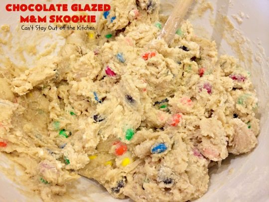 Chocolate Glazed M&M Skookie | Can't Stay Out of the Kitchen | this fantastic skillet #cookie is divine! #M&M cookie dough is glazed with a luscious #chocolate sauce. Perfect for #holidays like #ValentinesDay. #dessert