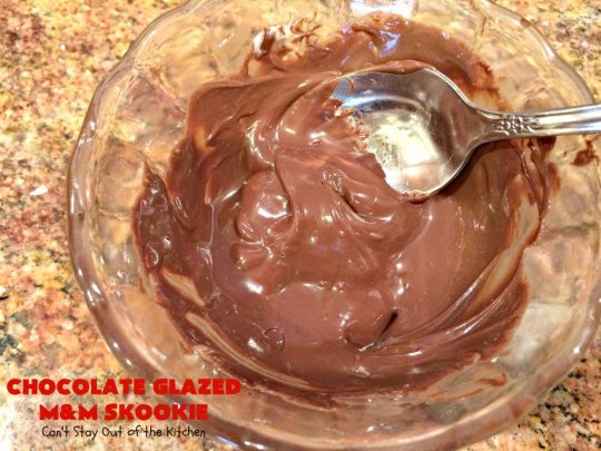 Chocolate Glazed M&M Skookie | Can't Stay Out of the Kitchen | this fantastic skillet #cookie is divine! #M&M cookie dough is glazed with a luscious #chocolate sauce. Perfect for #holidays like #ValentinesDay. #dessert