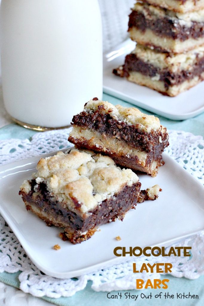Chocolate Layer Bars | Can't Stay Out of the Kitchen | these #brownies are one of the most spectacular #desserts you'll ever eat. Made with #chocolatechips #creamcheese #almondextract and #walnuts. We love these and make them almost every year at #Christmas!