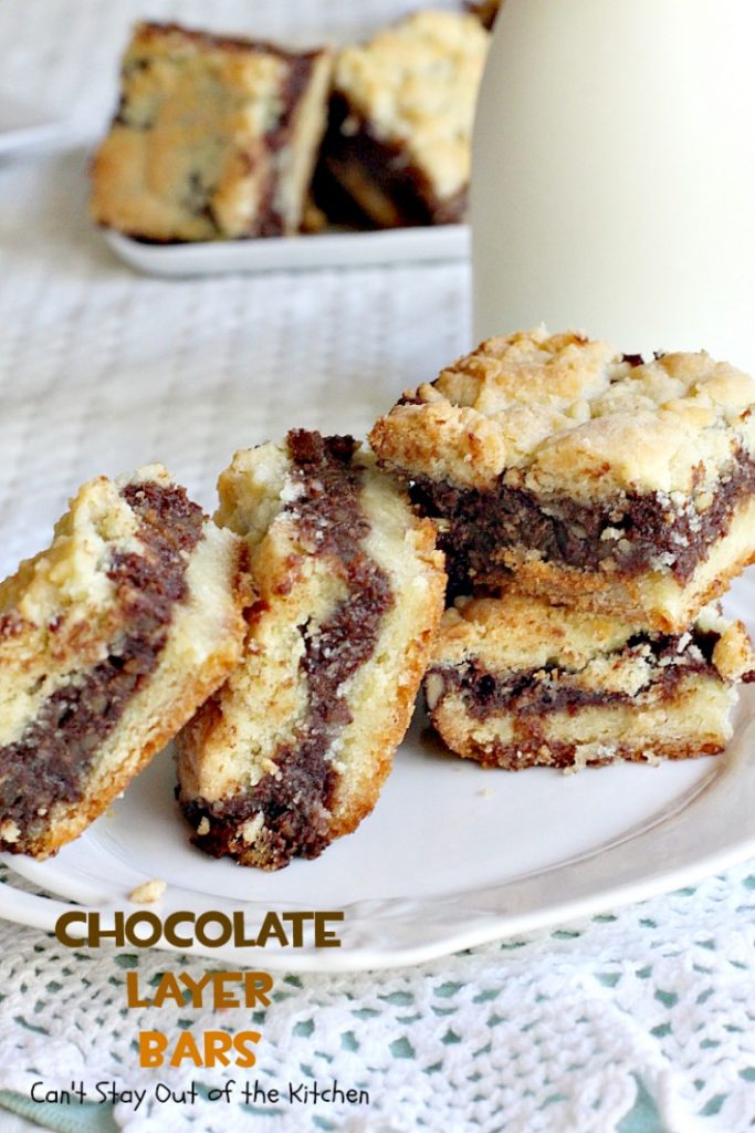 Chocolate Layer Bars | Can't Stay Out of the Kitchen | these #brownies are one of the most spectacular #desserts you'll ever eat. Made with #chocolatechips #creamcheese #almondextract and #walnuts. We love these and make them almost every year at #Christmas!