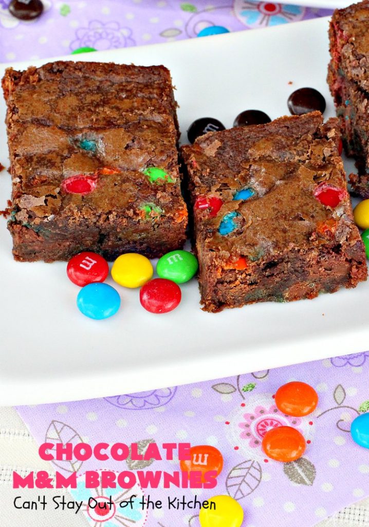 Chocolate M&M Brownies | Can't Stay Out of the Kitchen | these doubly delicious #brownies will have you drooling from the first bite. They're rich, decadent & filled with #MMs. Wonderful for #tailgating parties, potlucks or backyard BBQs. We enjoy them whenever we want a #ChocolateDessert! #dessert #MMDessert #FavoriteBrownieRecipe #BestBrownieRecipe