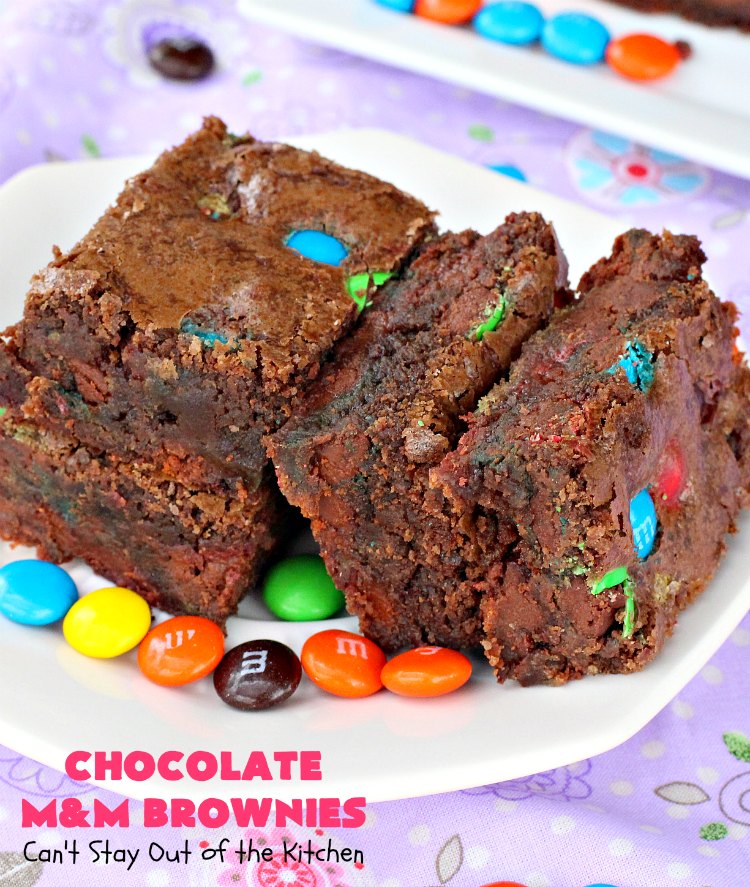 Chocolate M&M Brownies | Can't Stay Out of the Kitchen | these doubly delicious #brownies will have you drooling from the first bite. They're rich, decadent & filled with #MMs. Wonderful for #tailgating parties, potlucks or backyard BBQs. We enjoy them whenever we want a #ChocolateDessert! #dessert #MMDessert #FavoriteBrownieRecipe #BestBrownieRecipe