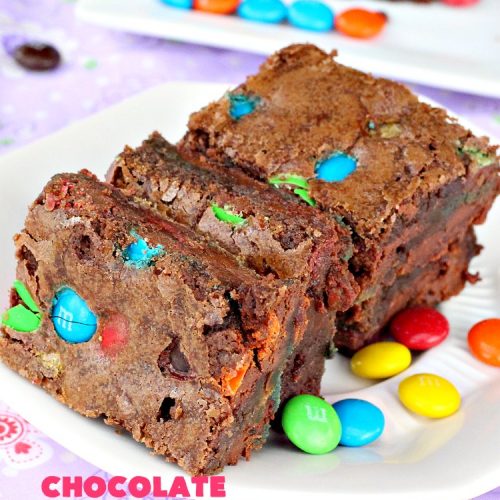 Chocolate M&M Brownies | Can't Stay Out of the Kitchen | these doubly delicious #brownies will have you drooling from the first bite. They're rich, decadent & filled with #MMs. Wonderful for #tailgating parties, potlucks or backyard BBQs. We enjoy them whenever we want a #ChocolateDessert! #dessert #MMDessert #FavoriteBrownieRecipe #BestBrownieRecipe