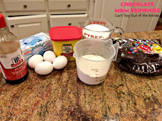 Chocolate M&M Brownies | Can't Stay Out of the Kitchen | these doubly delicious #brownies will have you drooling from the first bite. They're rich, decadent & filled with #MMs. Wonderful for #tailgating parties, potlucks or backyard BBQs. We enjoy them whenever we want a #ChocolateDessert! #dessert #MMDessert #FavoriteBrownieRecipe #BestBrownieRecipe