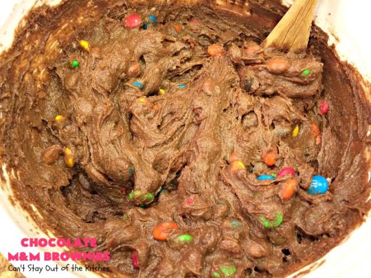 Chocolate M&M Brownies | Can't Stay Out of the Kitchen | these doubly delicious #brownies will have you drooling from the first bite. They're rich, decadent & filled with #MMs. Wonderful for #tailgating parties, potlucks or backyard BBQs. We enjoy them whenever we want a #ChocolateDessert! #dessert #MMDessert #FavoriteBrownieRecipe #BestBrownieRecipe