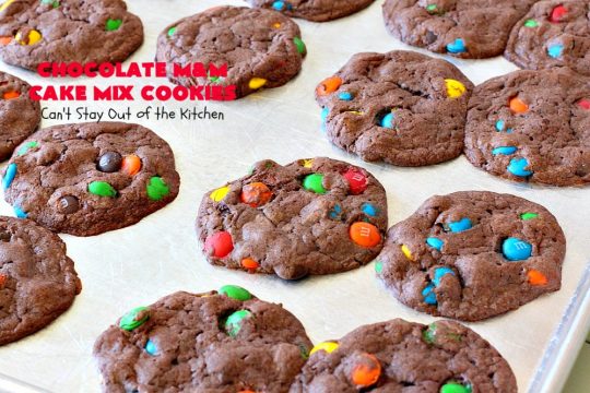 Chocolate M&M Cake Mix Cookies | Can't Stay Out of the Kitchen | Prepare to swoon over these amazing #CakeMix #cookies! They use only 4 ingredients, making them so quick & easy. Wonderful for #holiday or #tailgating parties. #chocolate #ChristmasCookieExchange #MMs #dessert #ChocolateDessert #MMDessert #HolidayDessert #4IngredientRecipe #ChocolateMMCakeMixCookies #CakeMixCookies #EasyHolidayDessert