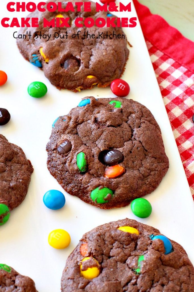 Chocolate M&M Cake Mix Cookies | Can't Stay Out of the Kitchen | Prepare to swoon over these amazing #CakeMix #cookies! They use only 4 ingredients, making them so quick & easy. Wonderful for #holiday or #tailgating parties. #chocolate #ChristmasCookieExchange #MMs #dessert #ChocolateDessert #MMDessert #HolidayDessert #4IngredientRecipe #ChocolateMMCakeMixCookies #CakeMixCookies #EasyHolidayDessert