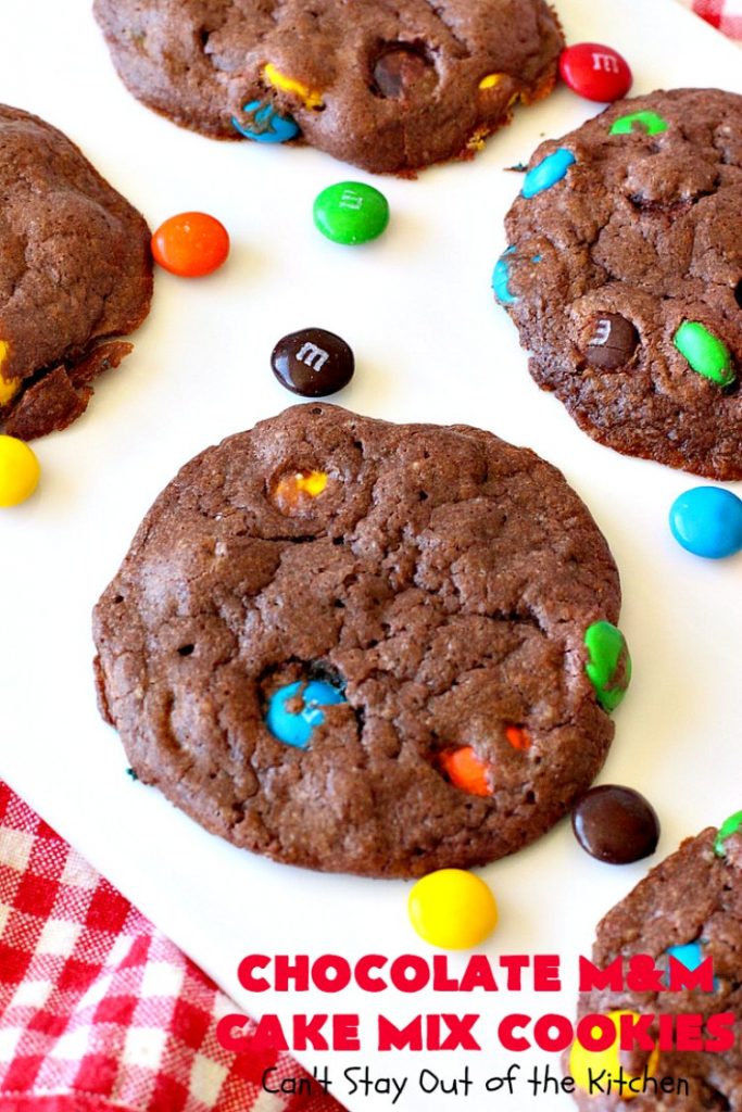 Chocolate M&M Cake Mix Cookies | Can't Stay Out of the Kitchen | Prepare to swoon over these amazing #CakeMix #cookies! They use only 4 ingredients, making them so quick & easy. Wonderful for #holiday or #tailgating parties. #chocolate #ChristmasCookieExchange #MMs #dessert #ChocolateDessert #MMDessert #HolidayDessert #4IngredientRecipe #ChocolateMMCakeMixCookies #CakeMixCookies #EasyHolidayDessert