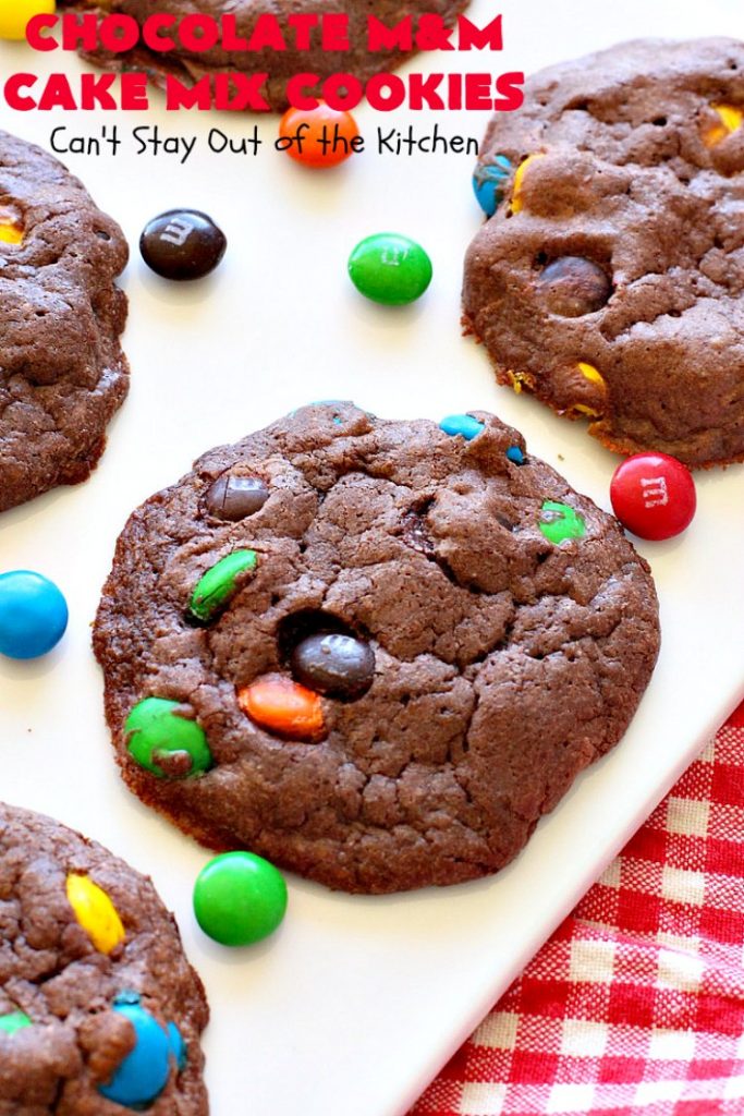 Chocolate M&M Cake Mix Cookies | Can't Stay Out of the Kitchen | Prepare to swoon over these amazing #CakeMix #cookies! They use only 4 ingredients, making them so quick & easy. Wonderful for #holiday or #tailgating parties. #chocolate #ChristmasCookieExchange #MMs #dessert #ChocolateDessert #MMDessert #HolidayDessert #4IngredientRecipe #ChocolateMMCakeMixCookies #CakeMixCookies #EasyHolidayDessert