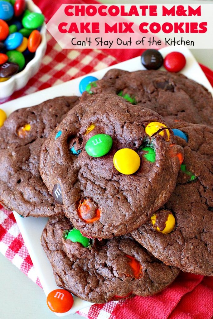 Chocolate M&M Cake Mix Cookies | Can't Stay Out of the Kitchen | Prepare to swoon over these amazing #CakeMix #cookies! They use only 4 ingredients, making them so quick & easy. Wonderful for #holiday or #tailgating parties. #chocolate #ChristmasCookieExchange #MMs #dessert #ChocolateDessert #MMDessert #HolidayDessert #4IngredientRecipe #ChocolateMMCakeMixCookies #CakeMixCookies #EasyHolidayDessert