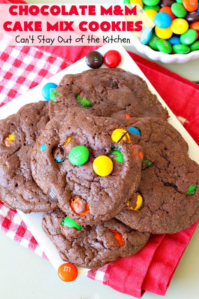 Chocolate M&M Cake Mix Cookies | Can't Stay Out of the Kitchen | Prepare to swoon over these amazing #CakeMix #cookies! They use only 4 ingredients, making them so quick & easy. Wonderful for #holiday or #tailgating parties. #chocolate #ChristmasCookieExchange #MMs #dessert #ChocolateDessert #MMDessert #HolidayDessert #4IngredientRecipe #ChocolateMMCakeMixCookies #CakeMixCookies #EasyHolidayDessert