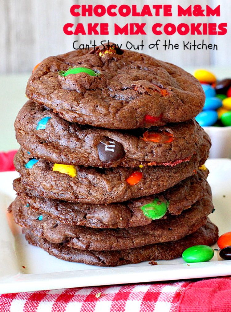 Chocolate M&M Cake Mix Cookies | Can't Stay Out of the Kitchen | Prepare to swoon over these amazing #CakeMix #cookies! They use only 4 ingredients, making them so quick & easy. Wonderful for #holiday or #tailgating parties. #chocolate #ChristmasCookieExchange #MMs #dessert #ChocolateDessert #MMDessert #HolidayDessert #4IngredientRecipe #ChocolateMMCakeMixCookies #CakeMixCookies #EasyHolidayDessert