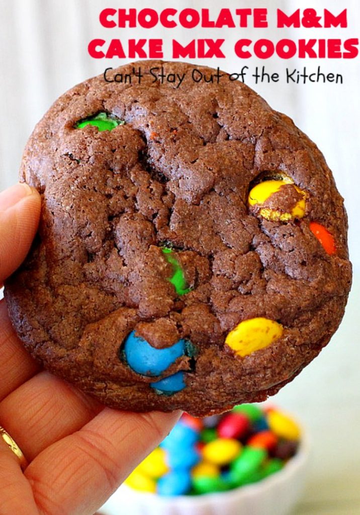 Chocolate M&M Cake Mix Cookies | Can't Stay Out of the Kitchen | Prepare to swoon over these amazing #CakeMix #cookies! They use only 4 ingredients, making them so quick & easy. Wonderful for #holiday or #tailgating parties. #chocolate #ChristmasCookieExchange #MMs #dessert #ChocolateDessert #MMDessert #HolidayDessert #4IngredientRecipe #ChocolateMMCakeMixCookies #CakeMixCookies #EasyHolidayDessert