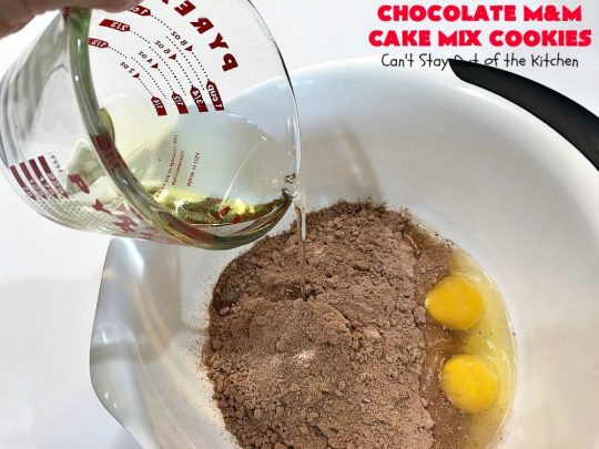 Chocolate M&M Cake Mix Cookies | Can't Stay Out of the Kitchen | Prepare to swoon over these amazing #CakeMix #cookies! They use only 4 ingredients, making them so quick & easy. Wonderful for #holiday or #tailgating parties. #chocolate #ChristmasCookieExchange #MMs #dessert #ChocolateDessert #MMDessert #HolidayDessert #4IngredientRecipe #ChocolateMMCakeMixCookies #CakeMixCookies #EasyHolidayDessert