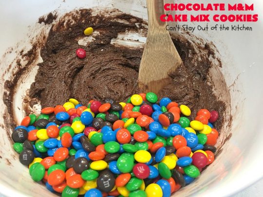 Chocolate M&M Cake Mix Cookies | Can't Stay Out of the Kitchen | Prepare to swoon over these amazing #CakeMix #cookies! They use only 4 ingredients, making them so quick & easy. Wonderful for #holiday or #tailgating parties. #chocolate #ChristmasCookieExchange #MMs #dessert #ChocolateDessert #MMDessert #HolidayDessert #4IngredientRecipe #ChocolateMMCakeMixCookies #CakeMixCookies #EasyHolidayDessert
