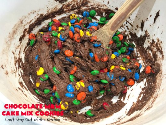 Chocolate M&M Cake Mix Cookies | Can't Stay Out of the Kitchen | Prepare to swoon over these amazing #CakeMix #cookies! They use only 4 ingredients, making them so quick & easy. Wonderful for #holiday or #tailgating parties. #chocolate #ChristmasCookieExchange #MMs #dessert #ChocolateDessert #MMDessert #HolidayDessert #4IngredientRecipe #ChocolateMMCakeMixCookies #CakeMixCookies #EasyHolidayDessert
