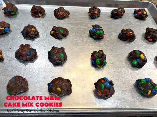 Chocolate M&M Cake Mix Cookies | Can't Stay Out of the Kitchen | Prepare to swoon over these amazing #CakeMix #cookies! They use only 4 ingredients, making them so quick & easy. Wonderful for #holiday or #tailgating parties. #chocolate #ChristmasCookieExchange #MMs #dessert #ChocolateDessert #MMDessert #HolidayDessert #4IngredientRecipe #ChocolateMMCakeMixCookies #CakeMixCookies #EasyHolidayDessert