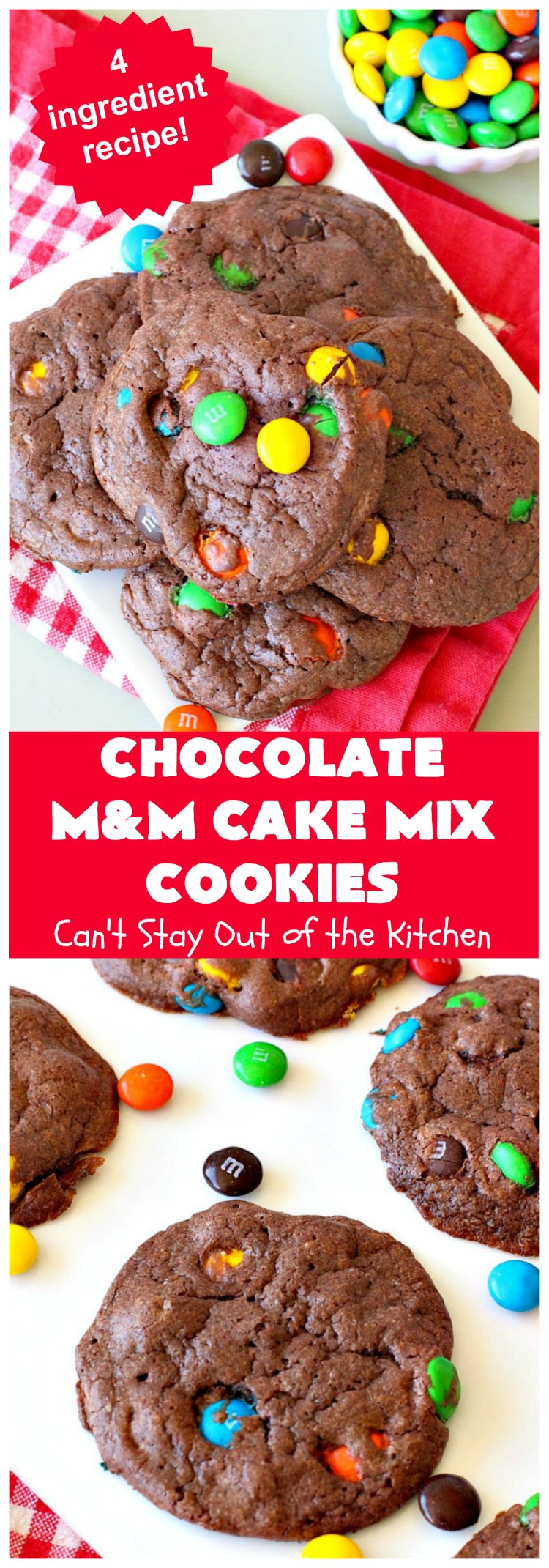 Chocolate M&M Cake Mix Cookies | Can't Stay Out of the Kitchen | Prepare to swoon over these amazing #CakeMix #cookies! They use only 4 ingredients, making them so quick & easy. Wonderful for #holiday or #tailgating parties. #chocolate #ChristmasCookieExchange #MMs #dessert #ChocolateDessert #MMDessert #HolidayDessert #4IngredientRecipe #ChocolateMMCakeMixCookies #CakeMixCookies #EasyHolidayDessert