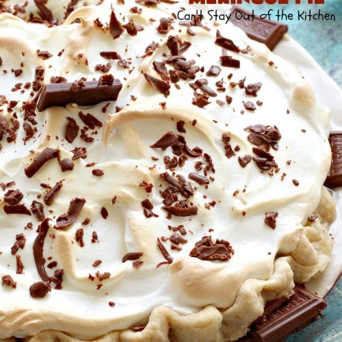 Chocolate Meringue Pie | Can't Stay Out of the Kitchen | this was my favorite #pie growing up. It's so mouthwatering & a spectacular #dessert for #Easter, #MothersDay or #FathersDay. It's a #chocolate lover's dream! Rich, decadent & heavenly! #ChocolatePie #ChocolateMeringuePie #Holiday #HolidayDessert #EasterDessert #FavoriteChocolatePie
