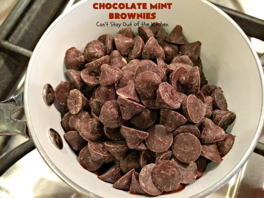 Chocolate Mint Brownies | Can't Stay Out of the Kitchen | these #brownies are sensational. They include dark-roasted #ChocolateMintChips. This #dessert will have you salivating from the first bite. Great for #tailgating parties, potlucks & #holidays. We couldn't get enough of this chocolatey delight! #chocolate #ChocolateDessert #HolidayDessert #SaintPatricksDay #ValentinesDay #brownie #ChristmasCookieExchange #Mint #FavoriteBrownieRecipe