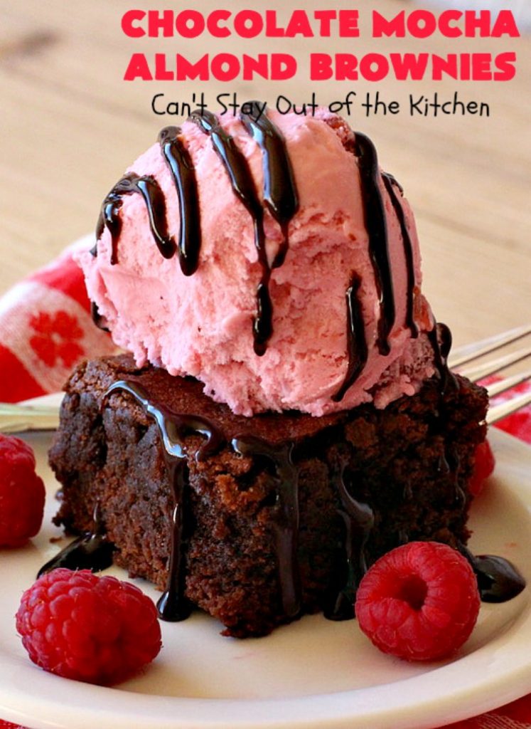 Chocolate Mocha Almond Brownies | Can't Stay Out of the Kitchen | #chocolate lovers & #coffee lovers are going to go crazy over these spectacular #brownies! This amazing #dessert is terrific for #tailgating parties, potlucks & summer #holiday fun. These brownies got two thumbs up when we made them. #ChocolateMochaAlmondBrownies #HolidayDessert #CoffeeDessert #ChocolateDessert