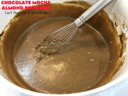Chocolate Mocha Almond Brownies | Can't Stay Out of the Kitchen | #chocolate lovers & #coffee lovers are going to go crazy over these spectacular #brownies! This amazing #dessert is terrific for #tailgating parties, potlucks & summer #holiday fun. These brownies got two thumbs up when we made them. #ChocolateMochaAlmondBrownies #HolidayDessert #CoffeeDessert #ChocolateDessert